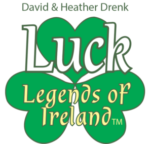 Luck Legends of Ireland logo: Green shamrock with Luck written in large white letters and 'Legends of Ireland' written smaller below. David and Heather Drenk written above the logo.