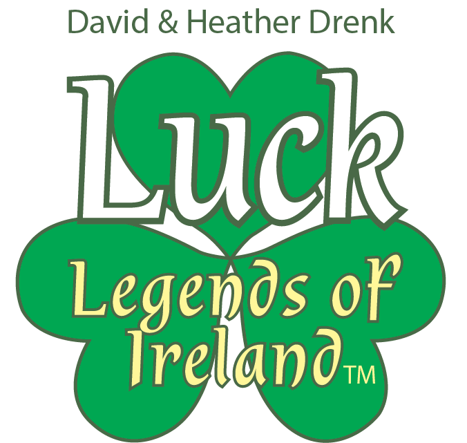 Luck Legends of Ireland logo: Green shamrock with Luck written in large white letters and 'Legends of Ireland' written smaller below. David and Heather Drenk written above the logo.