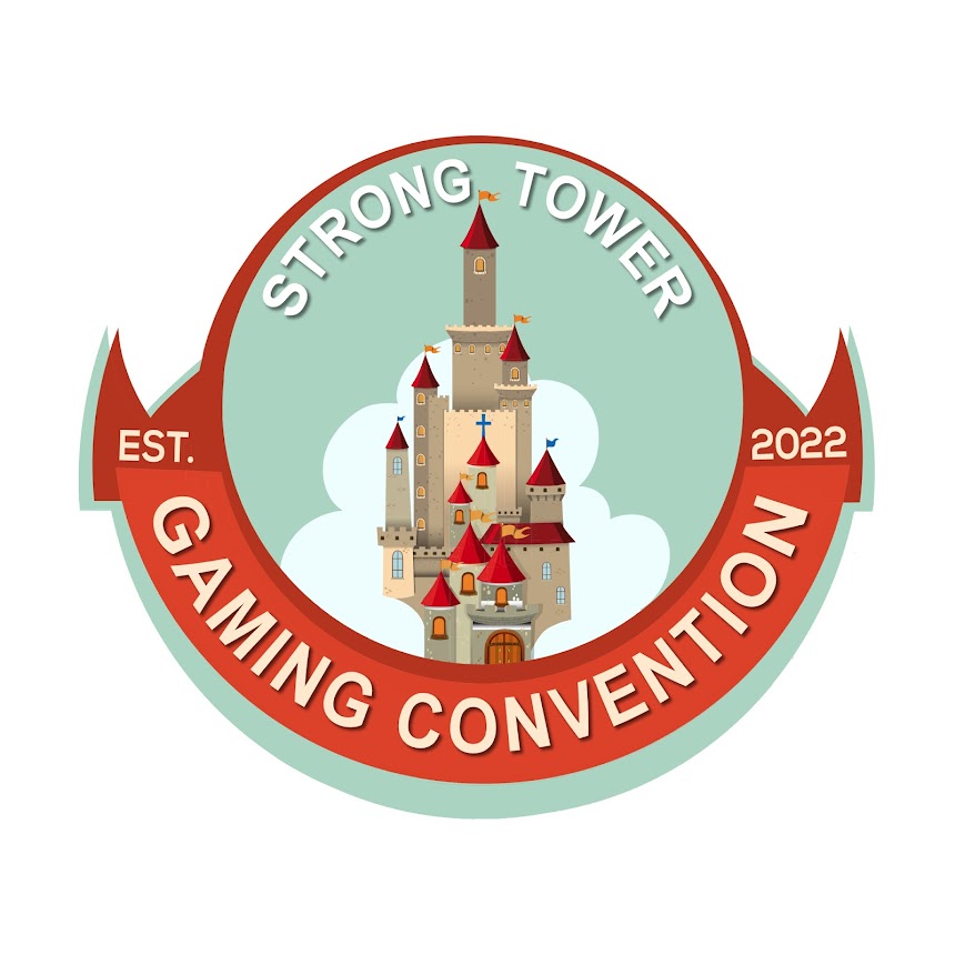 Strong Tower Gaming Convention Logo with a tower in the sky with a banner encircling