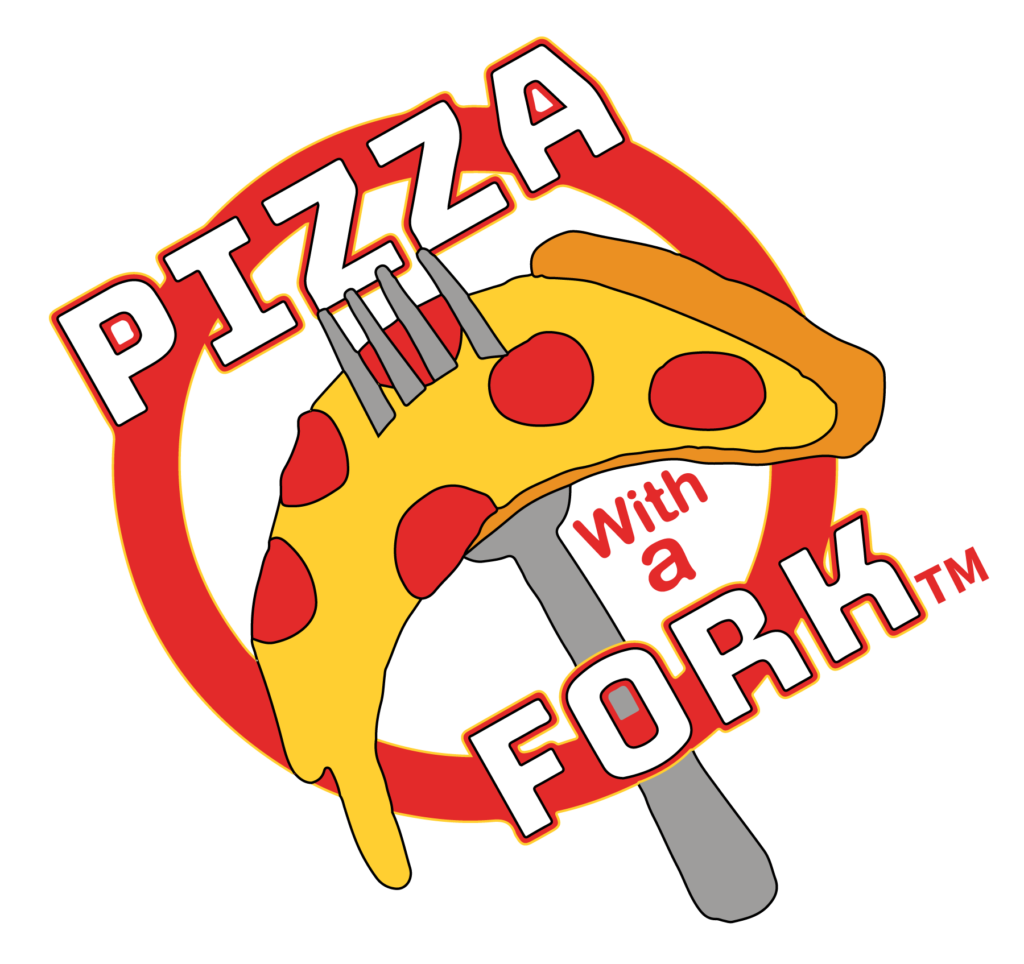 Pizza on a fork coming out of a red circle