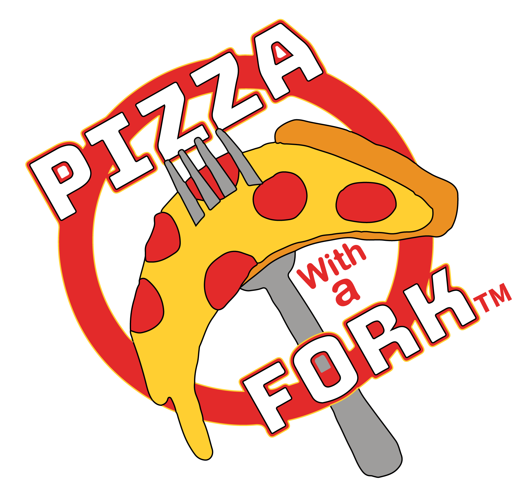 Pizza on a fork coming out of a red circle