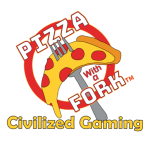 A piece of pepperoni pizza with a fork raising it up, stuck in the middle. The words 'Pizza with a Fork; Civilized Gaming' are around the pizza