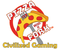 A piece of pepperoni pizza with a fork raising it up, stuck in the middle. The words 'Pizza with a Fork; Civilized Gaming' are around the pizza